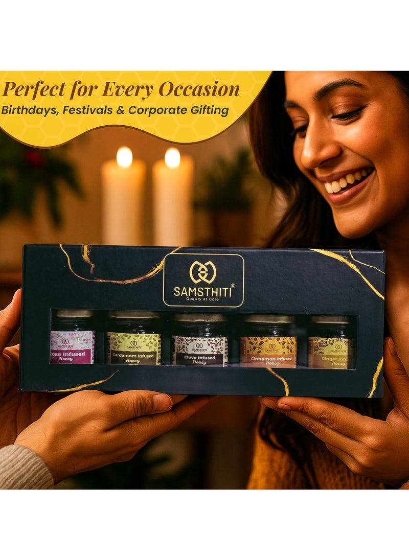 Samsthiti Infused Honey Gift Box, Pack of 5 Flavored Organic Honeys – Rose, Cardamom, Clove, Cinnamon & Ginger, 100% Natural, No Sugar or Preservatives, Healthy Gourmet Gift for Tea Lovers, Wellness & Celebrations  - Image 3