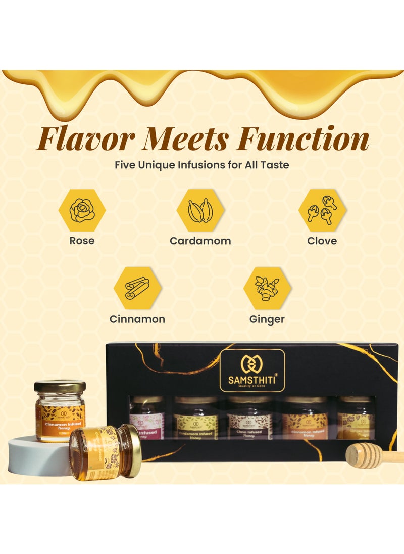 Samsthiti Infused Honey Gift Box, Pack of 5 Flavored Organic Honeys – Rose, Cardamom, Clove, Cinnamon & Ginger, 100% Natural, No Sugar or Preservatives, Healthy Gourmet Gift for Tea Lovers, Wellness & Celebrations  - Image 5