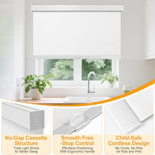Hidpriva Cordless Blackout Roller Shades for Windows & Doors, Free-Stop Shades with Valance, UV Protection, Thermal Insulated Window Blinds for Home, Bedroom, Office, White, 20" W x 72" H - Image 2