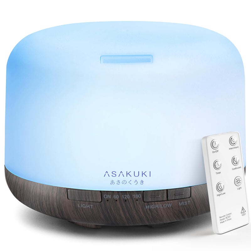 ASAKUKI 500ml Premium, Essential Oil Diffuser with Remote Control, 5 in 1 Ultrasonic Aromatherapy Fragrant Oil Humidifier Vaporizer, Timer and Auto-Off Switch Brown - Image 1