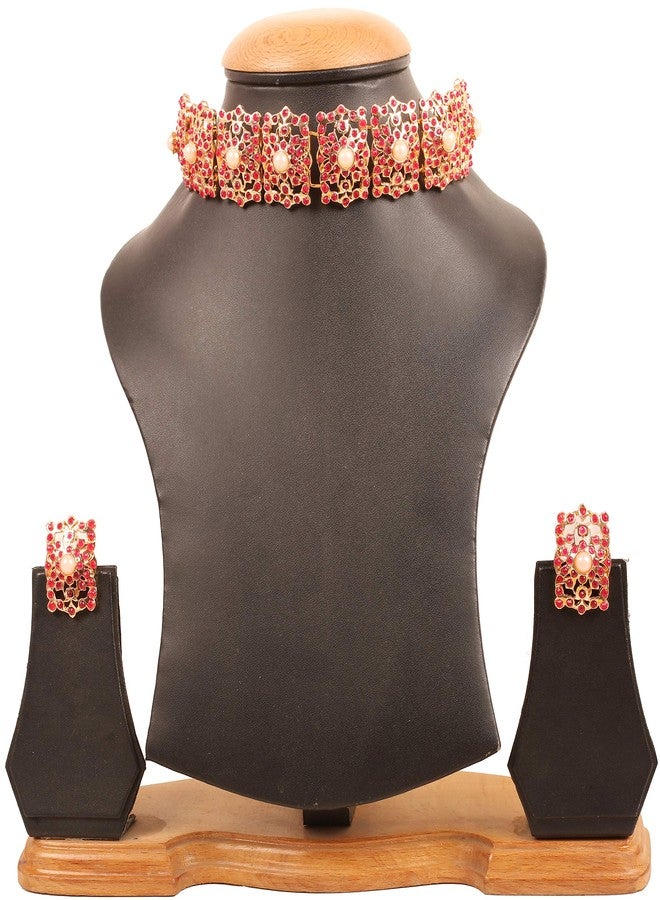 Touchstone Indian Bollywood Mughal Era Inspired Mesh Work Faux Pearls Ruby Studded Look Designer Jewelry Chicpatti Necklace Set in Tone for Women. - Image 3