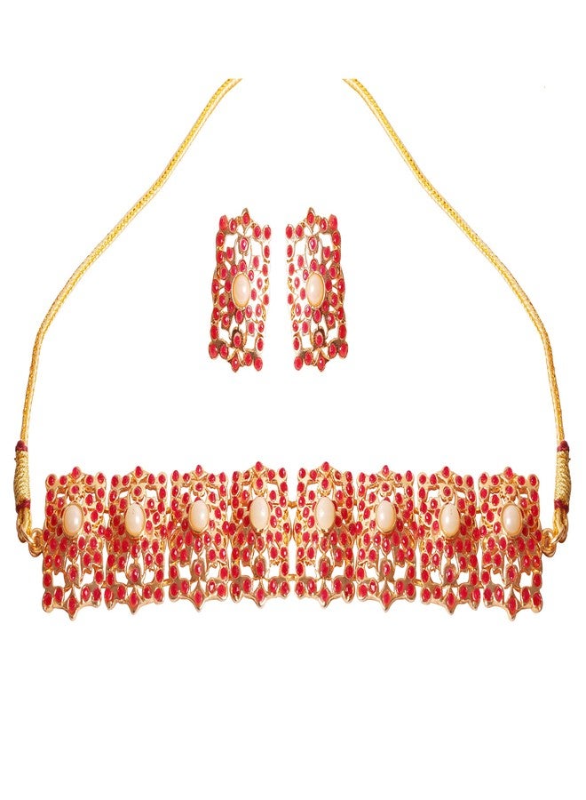 Touchstone Indian Bollywood Mughal Era Inspired Mesh Work Faux Pearls Ruby Studded Look Designer Jewelry Chicpatti Necklace Set in Tone for Women. - Image 1
