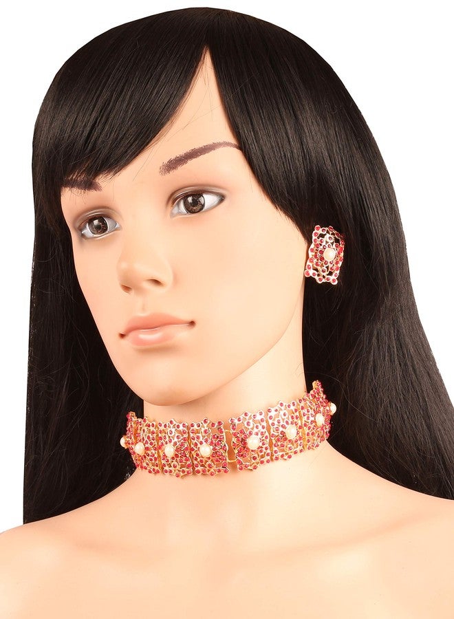 Touchstone Indian Bollywood Mughal Era Inspired Mesh Work Faux Pearls Ruby Studded Look Designer Jewelry Chicpatti Necklace Set in Tone for Women. - Image 2