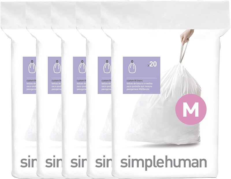 سيمبل هيومان عدد 100 رمز Simplehuman Code M، بطانات أصلية مخصصة، أكياس قمامة برباط في عبوات موزع، 45 لتر / 11.9 جالون، أبيض - Image 1