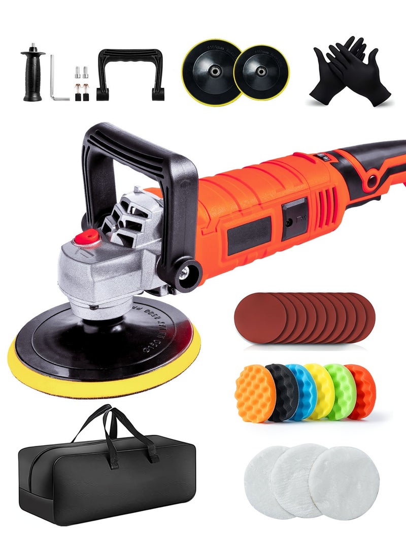 AL-WAHA AL-ZHABIA Professional 1580W High-Power Polishing & Waxing Machine - 7-speed adjustment (500-3300 RPM), includes 6"/7" dual polishing disk + 6 foam pads + 3 wool pads + 10 sandpapers, perfect for car polishing/furniture waxing/metal sanding - All-in-one solution! - Image 1