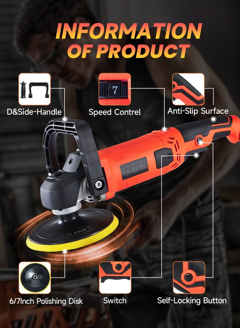 AL-WAHA AL-ZHABIA Professional 1580W High-Power Polishing & Waxing Machine - 7-speed adjustment (500-3300 RPM), includes 6"/7" dual polishing disk + 6 foam pads + 3 wool pads + 10 sandpapers, perfect for car polishing/furniture waxing/metal sanding - All-in-one solution! - Image 2