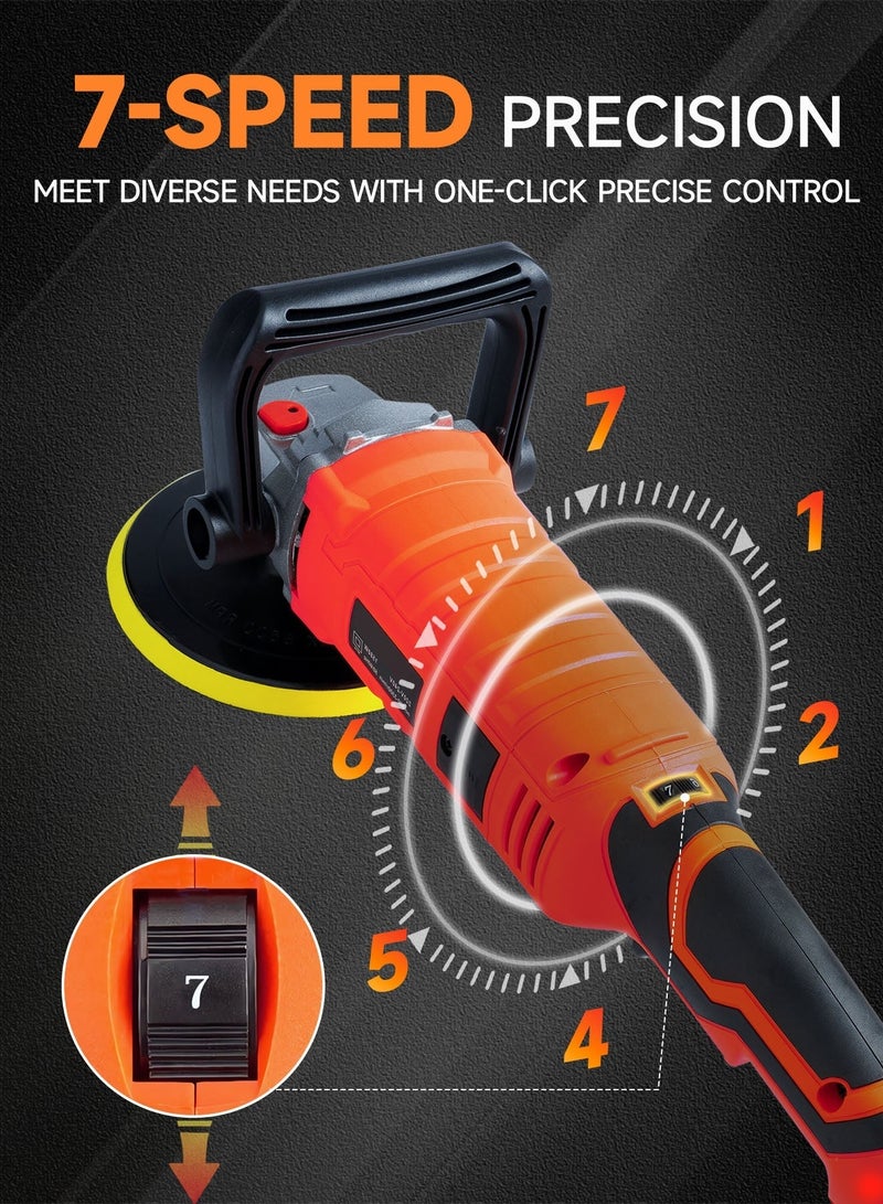 AL-WAHA AL-ZHABIA Professional 1580W High-Power Polishing & Waxing Machine - 7-speed adjustment (500-3300 RPM), includes 6"/7" dual polishing disk + 6 foam pads + 3 wool pads + 10 sandpapers, perfect for car polishing/furniture waxing/metal sanding - All-in-one solution! - Image 4