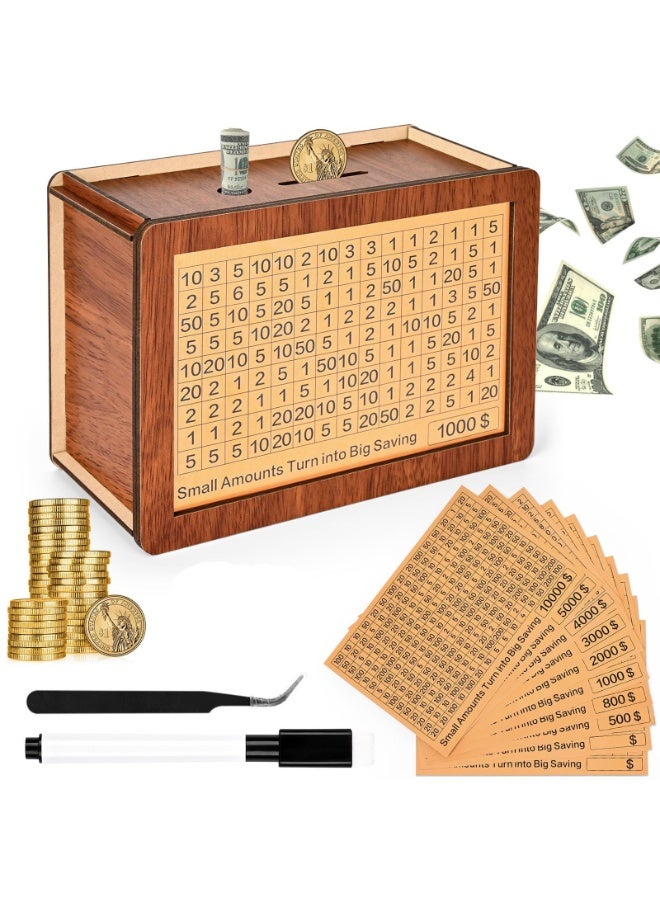 RAHAYM Wooden Money Saving Box, Cash Vault Piggy Bank For Kids Adults, 10000 Savings Challenge Box With10 Targets $10000 $5000 $3000 $2000 $1000 $500 Challenges - Image 1