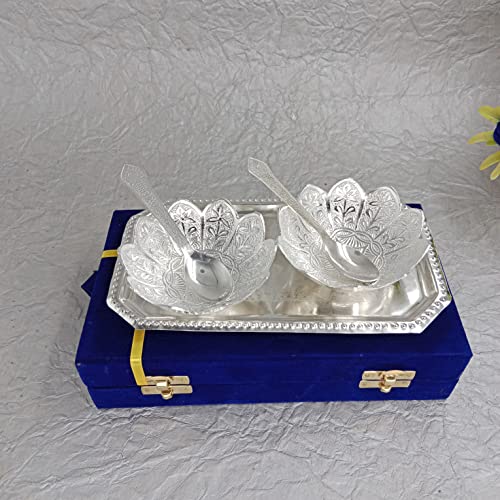 Piepot German Silver Lotus Bowl with Spoon | Pack of 5pc | Wedding, Diwali Gifting Set | Royal Look Velvet Box | Ideal for Serving Dry Fruit, Sweets - Image 2