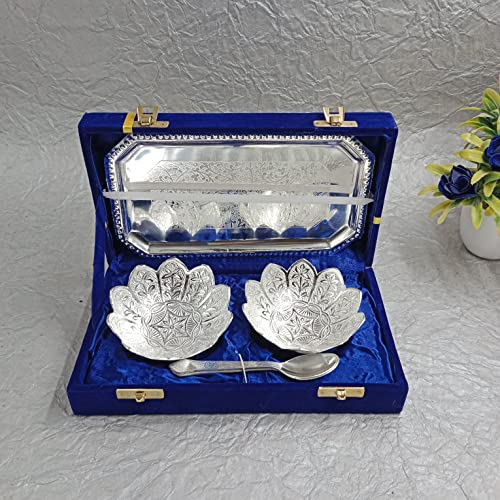 Piepot German Silver Lotus Bowl with Spoon | Pack of 5pc | Wedding, Diwali Gifting Set | Royal Look Velvet Box | Ideal for Serving Dry Fruit, Sweets - Image 1