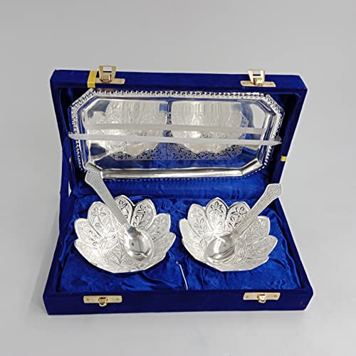 Piepot German Silver Lotus Bowl with Spoon | Pack of 5pc | Wedding, Diwali Gifting Set | Royal Look Velvet Box | Ideal for Serving Dry Fruit, Sweets - Image 3