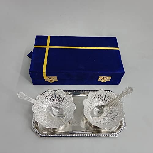 Piepot German Silver Lotus Bowl with Spoon | Pack of 5pc | Wedding, Diwali Gifting Set | Royal Look Velvet Box | Ideal for Serving Dry Fruit, Sweets - Image 5