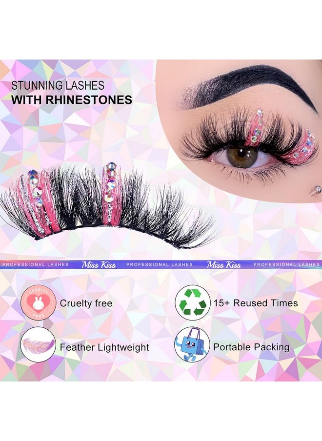 Miss Kiss - Miss Kiss 1 Pair Lashes with Color Pink and Rhinestone Glitter Silver Fairy False Eyelash Sparkly Manga Diamond Lashes Dramatic Unique Design Fake Eye Lash 18 MM - Image 1