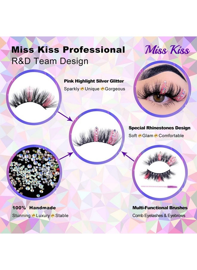 Miss Kiss - Miss Kiss 1 Pair Lashes with Color Pink and Rhinestone Glitter Silver Fairy False Eyelash Sparkly Manga Diamond Lashes Dramatic Unique Design Fake Eye Lash 18 MM - Image 1