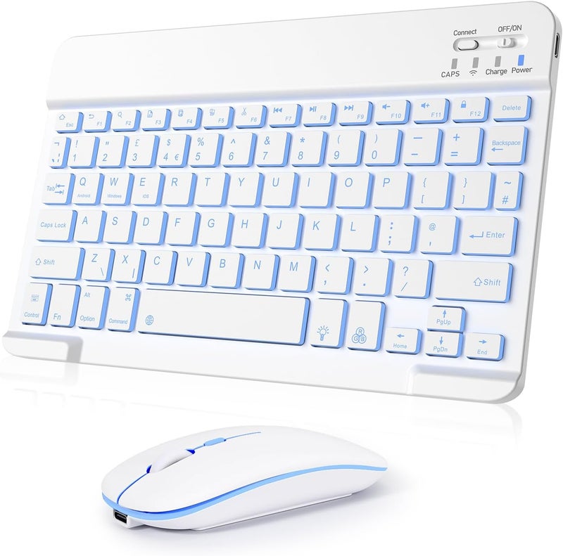 Nsyee Bluetooth Keyboard and Mouse, Universal Compact Wireless Keyboards, Rechargeable Portable for iPad/Samsung/Tablet/iOS/Android/Windows, UK Layout (White, Backlit Keyboard and Mouse) - Image 1