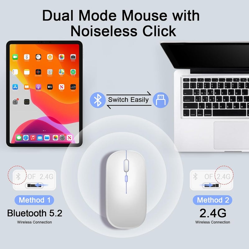Nsyee Bluetooth Keyboard and Mouse, Universal Compact Wireless Keyboards, Rechargeable Portable for iPad/Samsung/Tablet/iOS/Android/Windows, UK Layout (White, Backlit Keyboard and Mouse) - Image 4