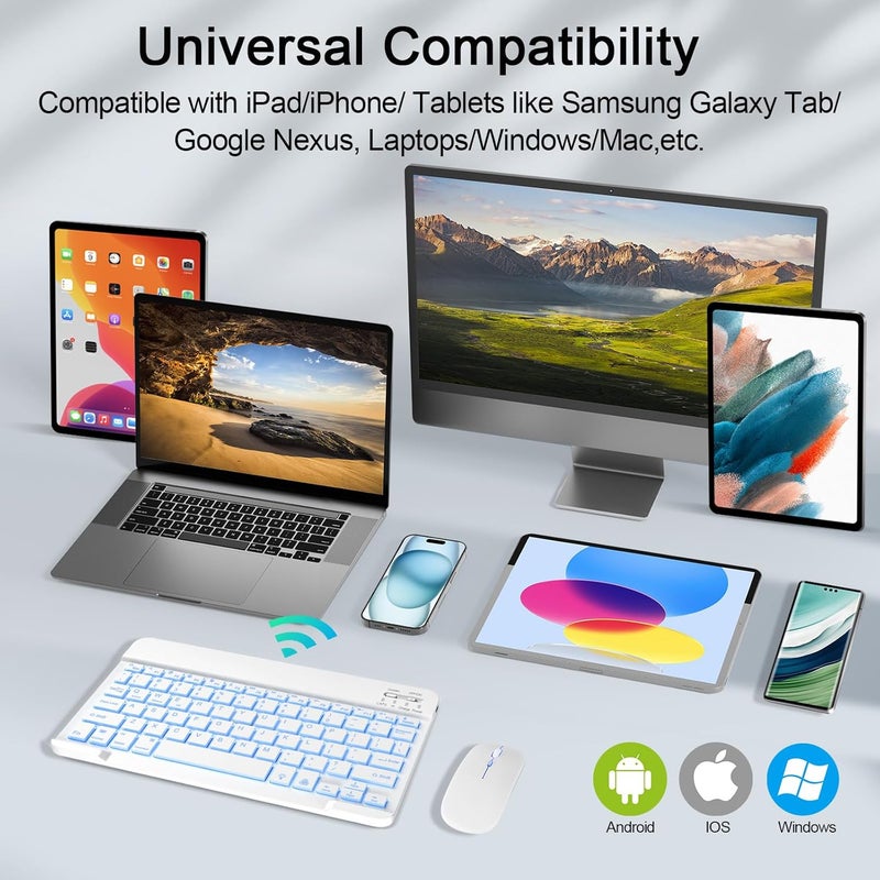 Nsyee Bluetooth Keyboard and Mouse, Universal Compact Wireless Keyboards, Rechargeable Portable for iPad/Samsung/Tablet/iOS/Android/Windows, UK Layout (White, Backlit Keyboard and Mouse) - Image 2
