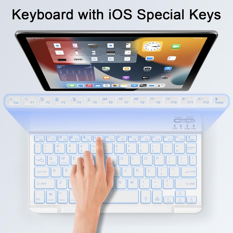 Nsyee Bluetooth Keyboard and Mouse, Universal Compact Wireless Keyboards, Rechargeable Portable for iPad/Samsung/Tablet/iOS/Android/Windows, UK Layout (White, Backlit Keyboard and Mouse) - Image 3