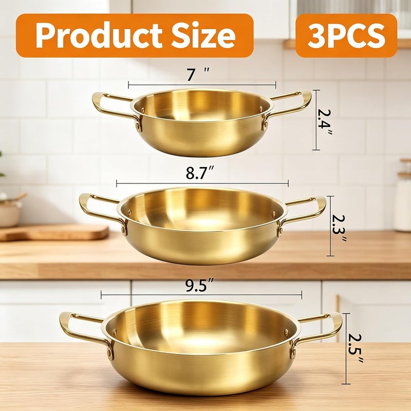 Okllen Set of 3 Korean Ramen Noodle Pot with Handles, Stainless Steel Everyday Pan, Golden Korean Cooking Pot for Soup, Noodle, Pasta, Home and Outdoor, Dishwasher Safe, Size 7", 8.7", 9.5" - Image 2
