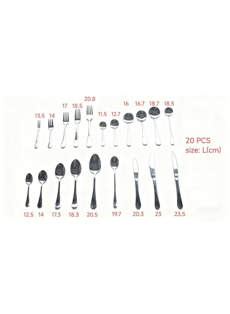 طقم أدوات مائدة من الفولاذ المقاوم للصدأ مكون من 20 قطعة، سطح أملس، تصميم غربي، مناسب للمطابخ المنزلية والمطاعم والحفلات والنزهات وغيرها من المناسبات (سكين وشوكة وملعقة) ولوحة كتابة إلكترونية LCD، لوحة رسم للمنزل والمكتب والمدرسة (مناسب للأطفال من عمر سنة فما فوق) ومبراة سكاكين - Image 3