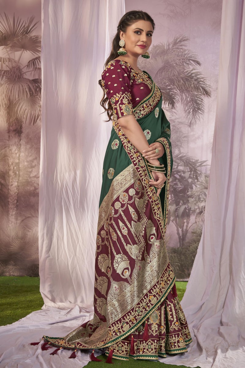 MANOHARI Banarasi Silk Woven Saree With Heavy Embroidery Blouse Piece_Mn1876 - Women, Green - Image 4