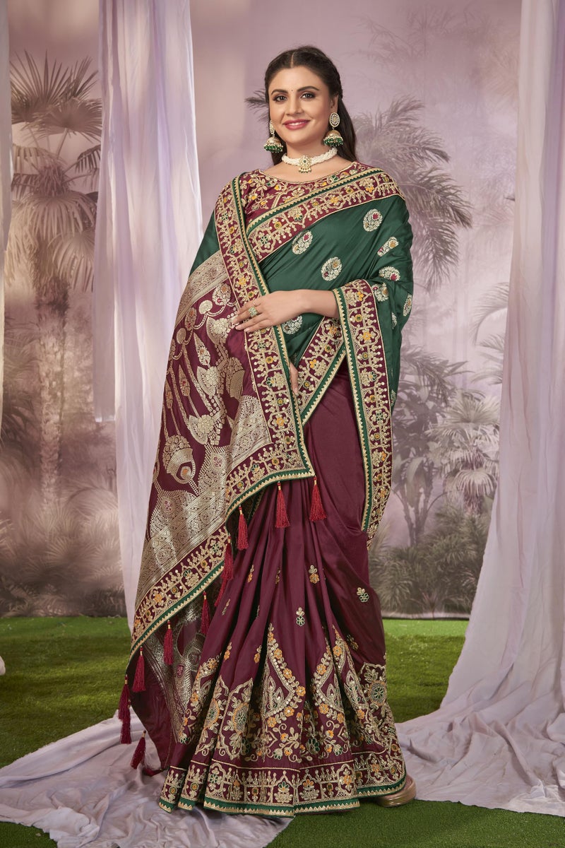 MANOHARI Banarasi Silk Woven Saree With Heavy Embroidery Blouse Piece_Mn1876 - Women, Green - Image 5
