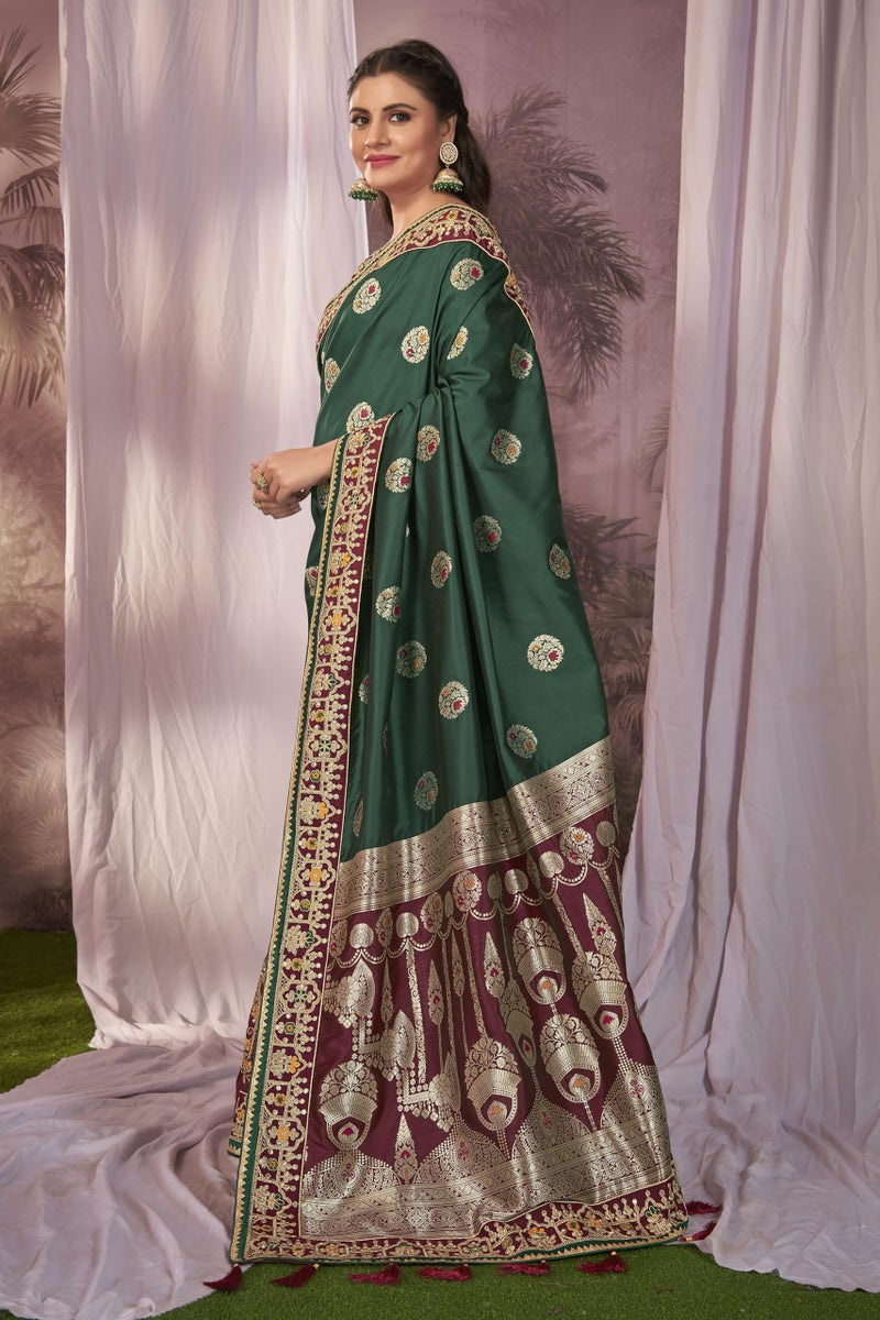 MANOHARI Banarasi Silk Woven Saree With Heavy Embroidery Blouse Piece_Mn1876 - Women, Green - Image 2