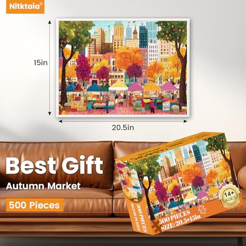 Nitktaia 500 Pieces Puzzle for AdultsBeautiful Autumn Market Puzzle for Adults ElderlyRecycled Paper Jigsaw Puzzle 500 PieceGlossy Sturdy Pieces Challenging Family Game Great Gift Idea 205x15in - Image 5