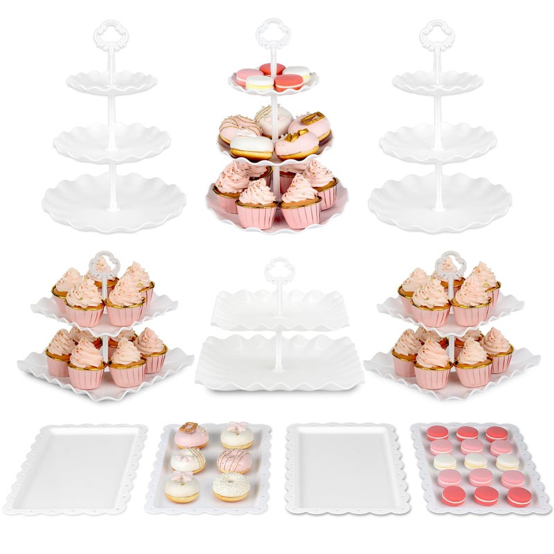 NWK Pack of 10 NWK Cake Stand Set, with 3 x Two-Tier and 3 x Three-Tier Cupcake Stands, 4 x Appetizer Trays, 1 x Tablecloth for Birthday Bridal Baby Shower Party (White) - Image 1