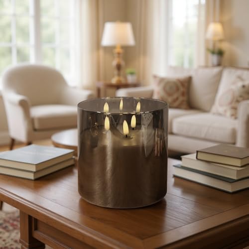 NICEME Extra Large 3 Wick Battery Operated Candle 6x6 Big Clear Glass Flameless Candles with Remote Real Wax Flickering Led Pillar Fake Giant Candle for Wedding Party Holiday Home Decor Grey - Image 3