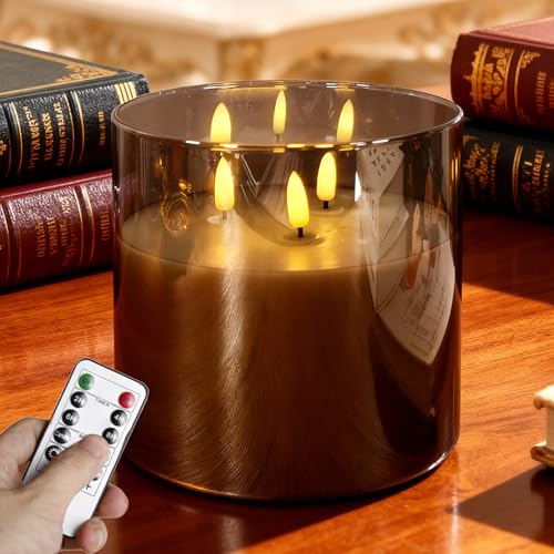 NICEME Extra Large 3 Wick Battery Operated Candle 6x6 Big Clear Glass Flameless Candles with Remote Real Wax Flickering Led Pillar Fake Giant Candle for Wedding Party Holiday Home Decor Grey - Image 1