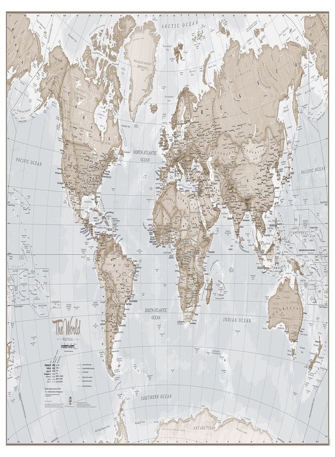 Maps International Large Map Of The World - Silk Art Print World Map - Neutral Tones - 23 x 33 - Image 1