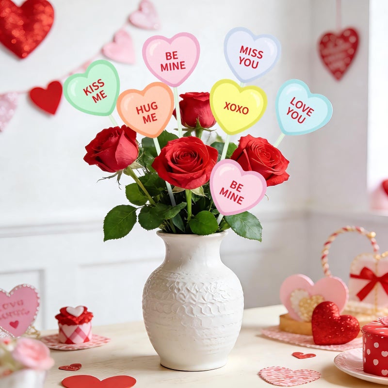 AUGSUN Valentine's Day Decorative Pick, 12 Pcs Double-Sided Conversation Heart Picks Garden Stakes Plastic Vase Filler Heart Decor for Valentines Wedding Lawn Garden Home Party Supplies - Image 3