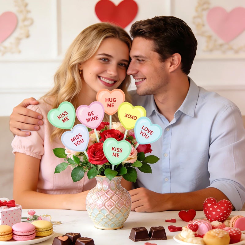 AUGSUN Valentine's Day Decorative Pick, 12 Pcs Double-Sided Conversation Heart Picks Garden Stakes Plastic Vase Filler Heart Decor for Valentines Wedding Lawn Garden Home Party Supplies - Image 4