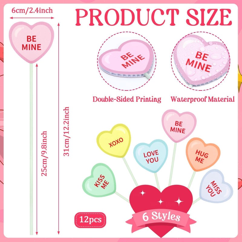 AUGSUN Valentine's Day Decorative Pick, 12 Pcs Double-Sided Conversation Heart Picks Garden Stakes Plastic Vase Filler Heart Decor for Valentines Wedding Lawn Garden Home Party Supplies - Image 2