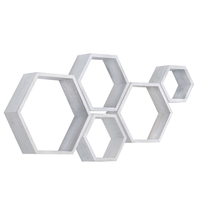 PHOENANCEE Hexagon Floating ShelvesWall Mounted Wood Farmhouse Storage Honeycomb Wall Shelf Set of 5for Bathroom Kitchen Bedroom Living RoomOfficeDriftwood Finish Weathered White
