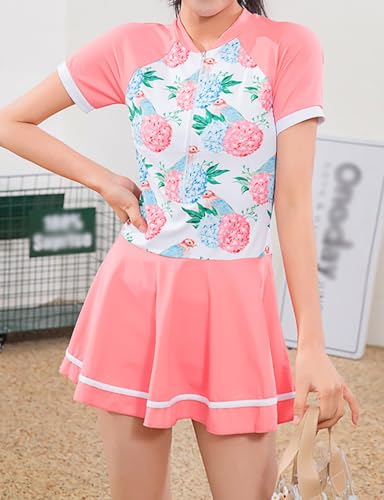 JadeRich Teen Girls One Piece Short Sleeve Swim Dress Rash Guard Bathing Suit Skirted Zip Front Swimwear Pink/Floral - Image 4