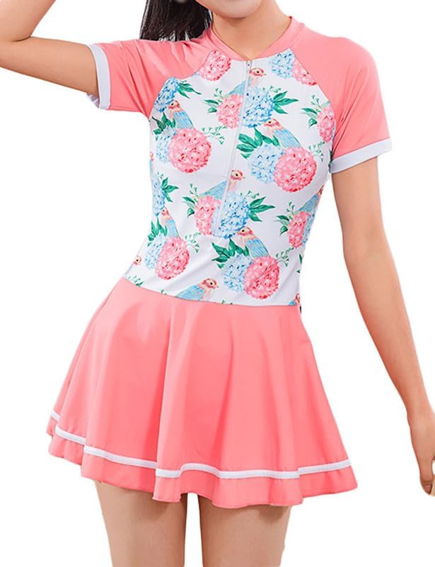 JadeRich Teen Girls One Piece Short Sleeve Swim Dress Rash Guard Bathing Suit Skirted Zip Front Swimwear Pink/Floral - Image 2