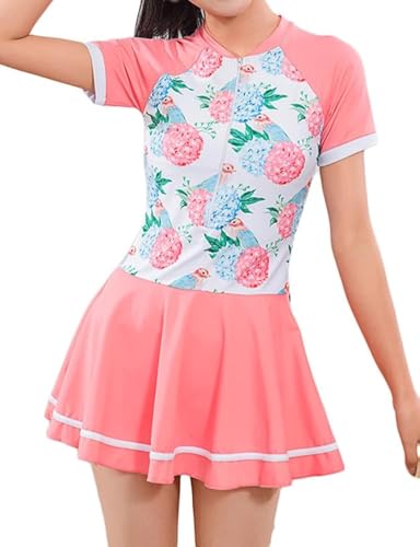 JadeRich Teen Girls One Piece Short Sleeve Swim Dress Rash Guard Bathing Suit Skirted Zip Front Swimwear Pink/Floral - Image 1