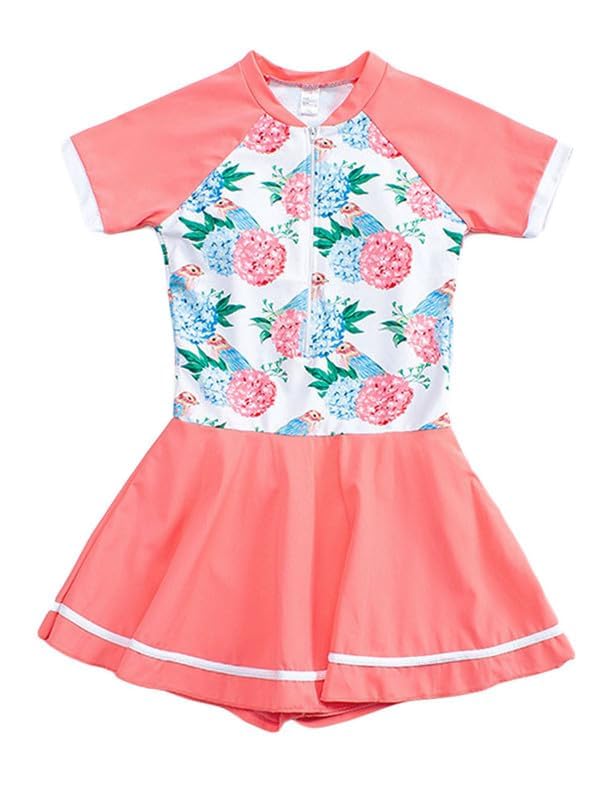 JadeRich Teen Girls One Piece Short Sleeve Swim Dress Rash Guard Bathing Suit Skirted Zip Front Swimwear Pink/Floral - Image 5