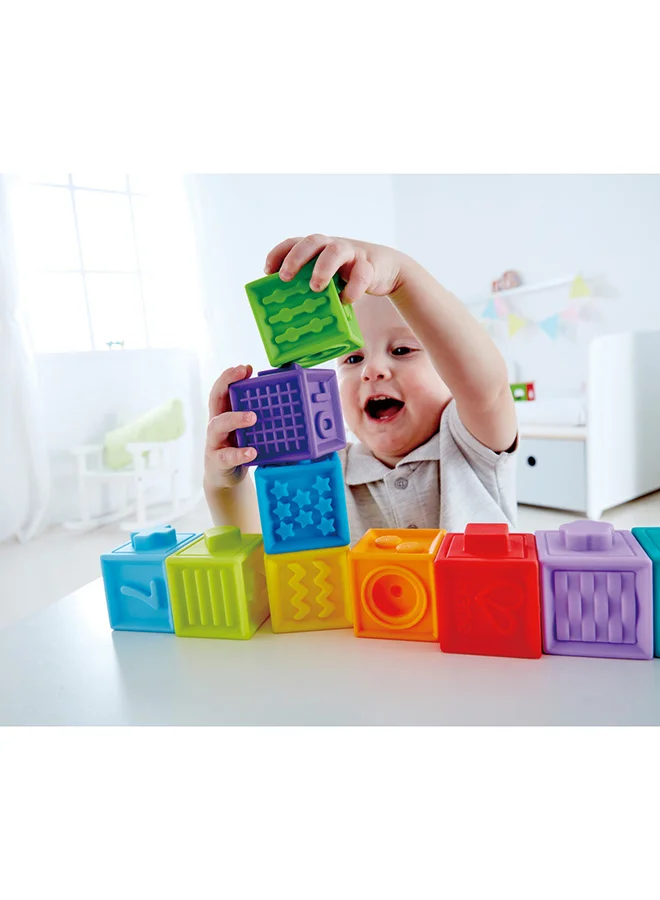 Hape Hape Squeeze Me Blocks, Soft Silicone Stacking Toy, Baby Montessori Sensory Ball Teether, Squeeze Play with Numbers Shapes Animals Fruit and Textures, Activity Toy for Toddlers 6 Months and Up, 10pcs