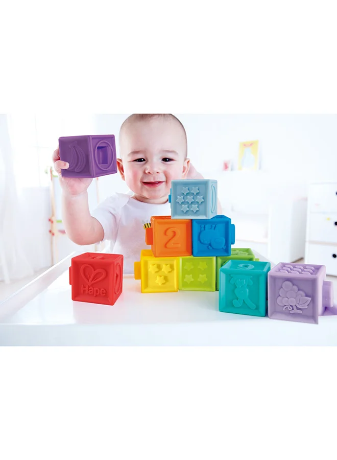Hape Hape Squeeze Me Blocks, Soft Silicone Stacking Toy, Baby Montessori Sensory Ball Teether, Squeeze Play with Numbers Shapes Animals Fruit and Textures, Activity Toy for Toddlers 6 Months and Up, 10pcs
