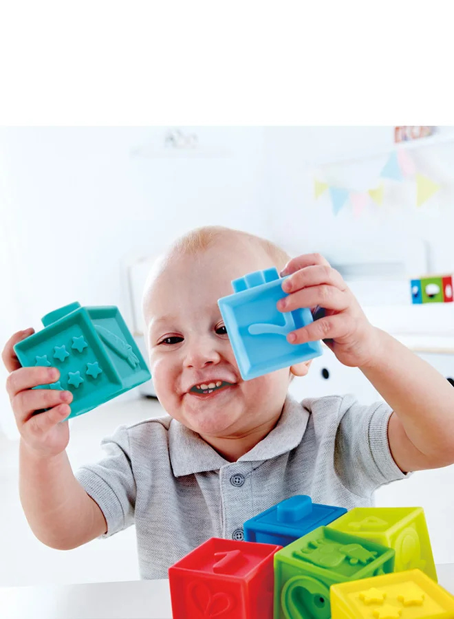 Hape Hape Squeeze Me Blocks, Soft Silicone Stacking Toy, Baby Montessori Sensory Ball Teether, Squeeze Play with Numbers Shapes Animals Fruit and Textures, Activity Toy for Toddlers 6 Months and Up, 10pcs