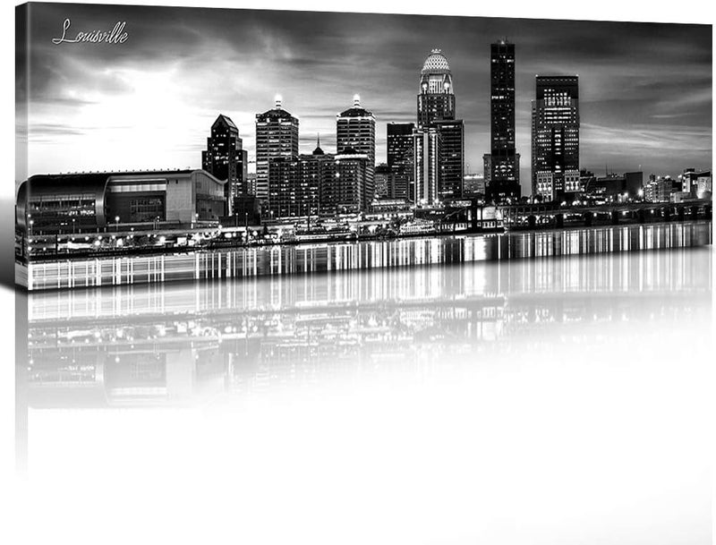 sunfrower Louisville Skyline Black and White Canvas Wall Art - Image 1