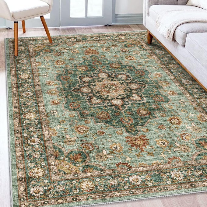 WASHABLE ORIENTAL AREA RUG 5X8 RUGS FOR LIVING ROOM SOFT CARPET FOR BEDROOM WATERPROOF FLORAL DISTRESSED INDOOR STAIN RESISTANT NONSHEDDING FLOOR CARPETS GREEN 5X8