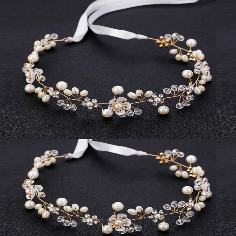 KAYZON Hairband Gold 2PCS Wedding Hair Accessory for Flower Girls Princess Headpiece Pearl Headband Women Headbands