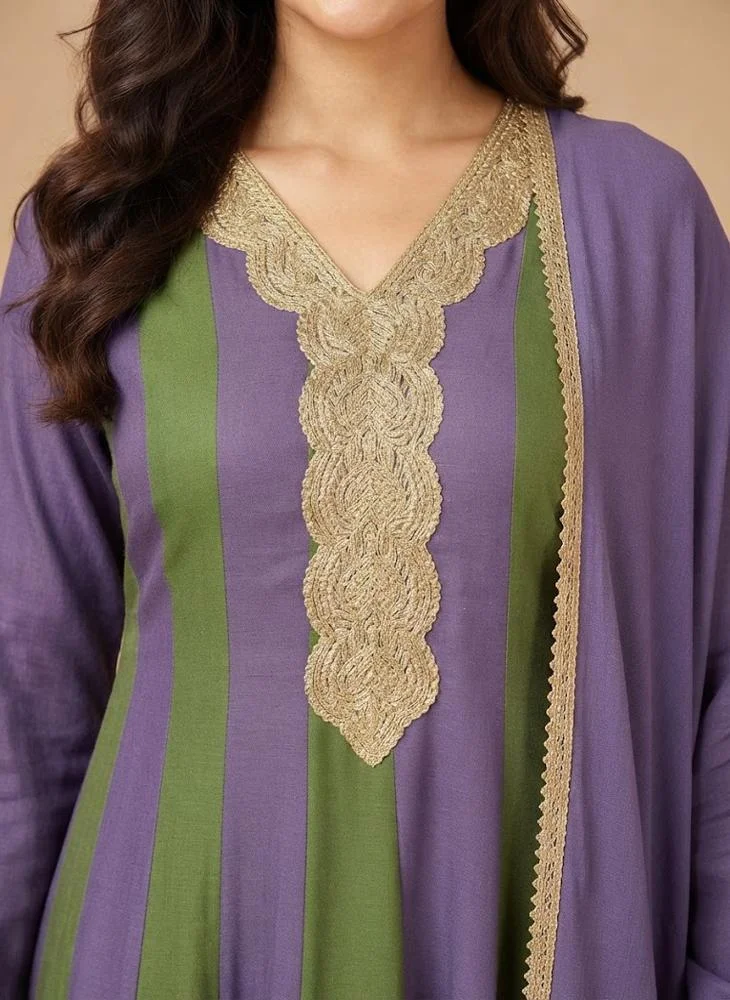 Viny VINY Purple 3-Piece Colour-Block Anarkali Suit Set – Women's Indian Ethnic Wear