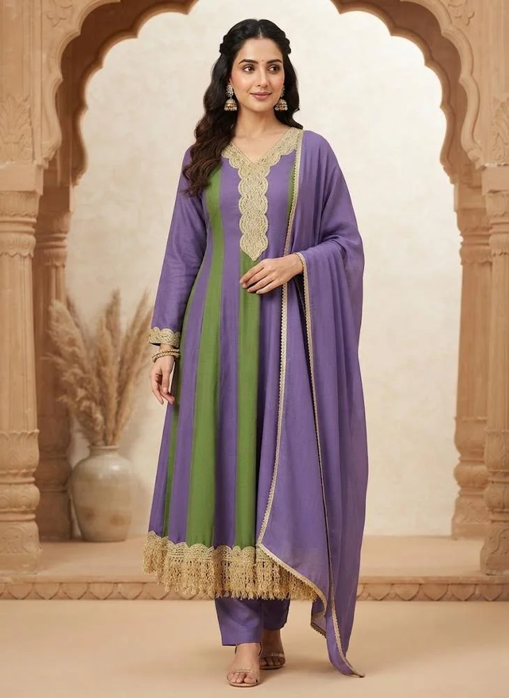 Viny VINY Purple 3-Piece Colour-Block Anarkali Suit Set – Women's Indian Ethnic Wear