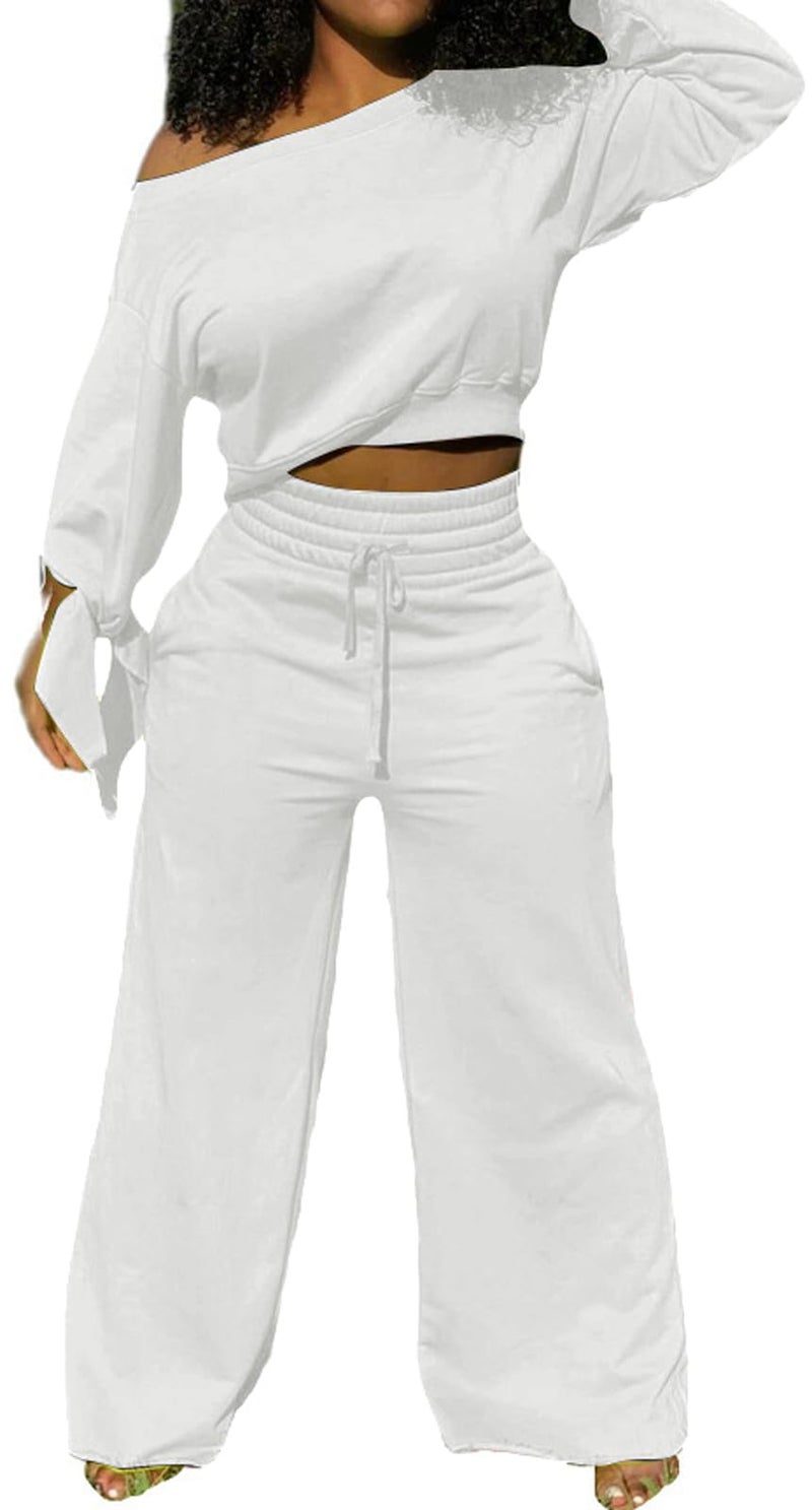 Yiershu Two Piece Sets for Womens Sweatsuits 2 Piece Set Sexy Off Shoulder Long Sleeve Tracksuit Workout(Off White,L) - Image 2