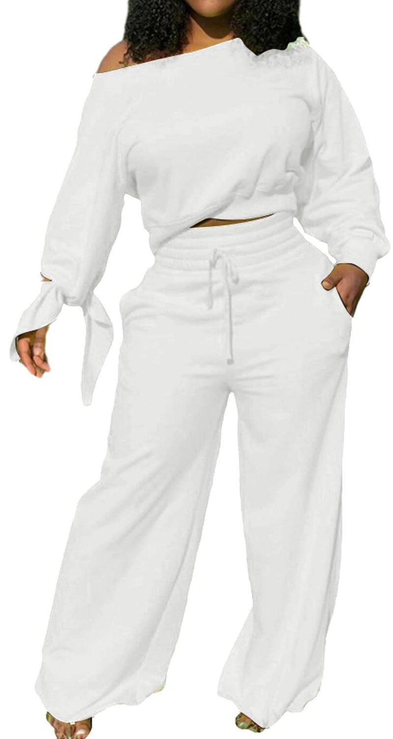 Yiershu Two Piece Sets for Womens Sweatsuits 2 Piece Set Sexy Off Shoulder Long Sleeve Tracksuit Workout(Off White,L) - Image 1